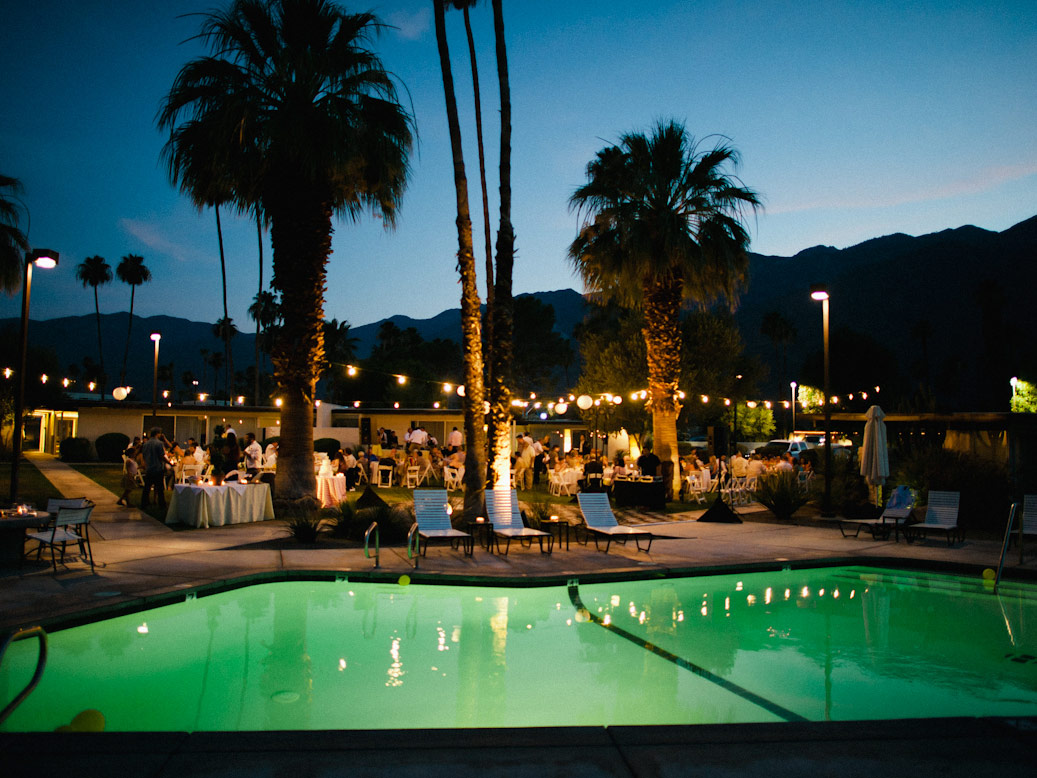 lighted pool at dusk during l'horizon palm springs wedding