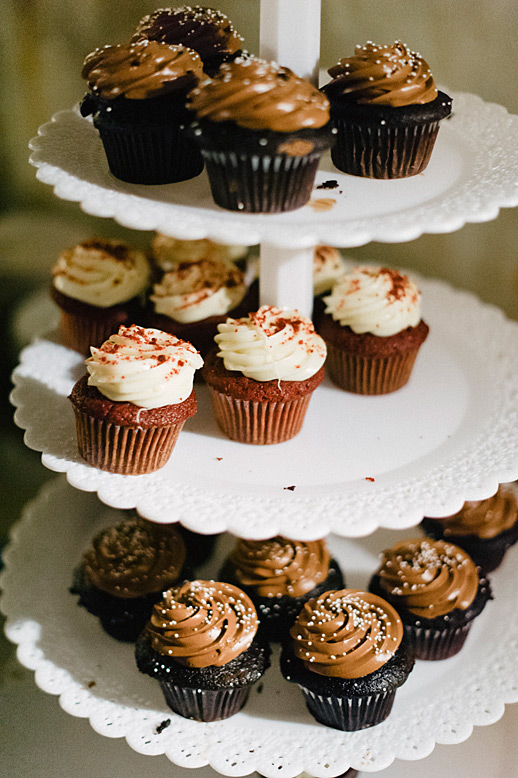 chocolate and red velvet cupcakes wedding reception dessert tray