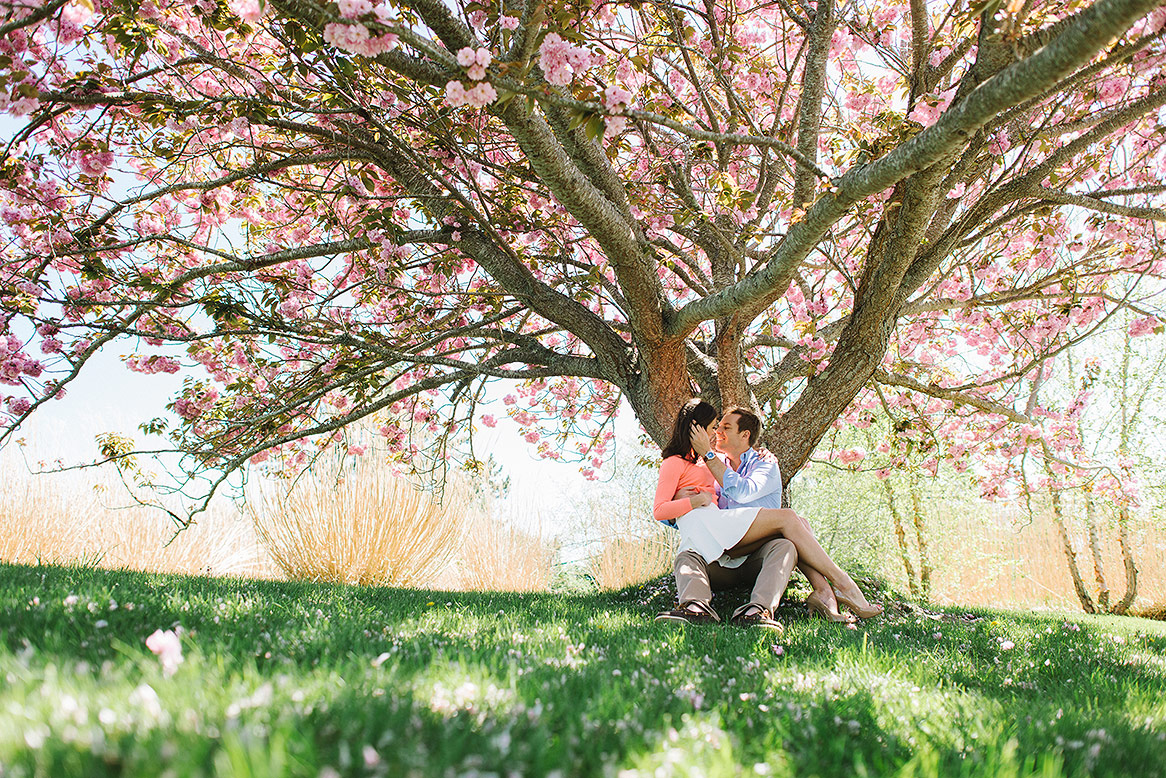 COUPLE SIT UNDER CHERRY TREE FOR MONTAUK ENGAGEMENT PHOTO