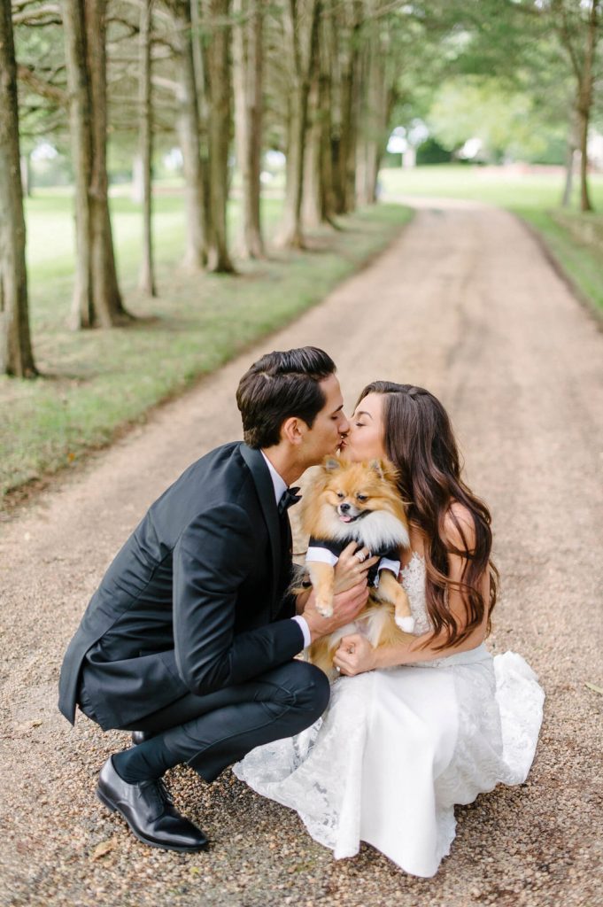 bride and groom pose with dog in tuxedo at great marsh estate