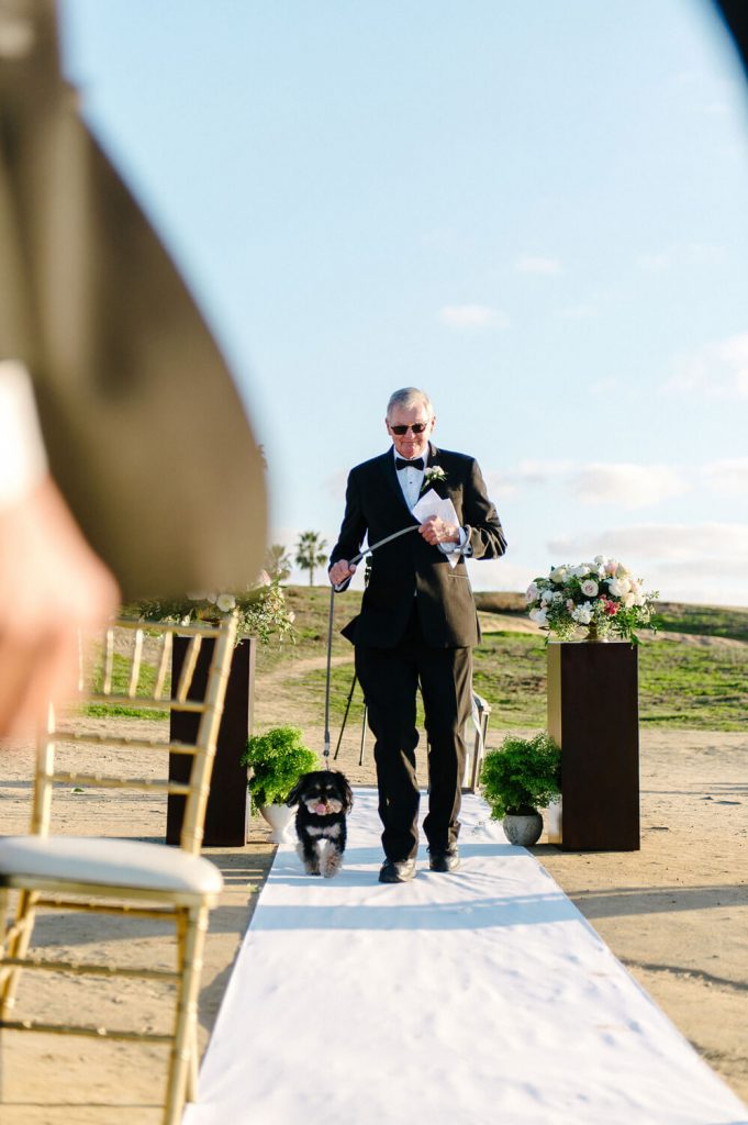 groom father walks dog aisle sunset cliffs intimate ceremony