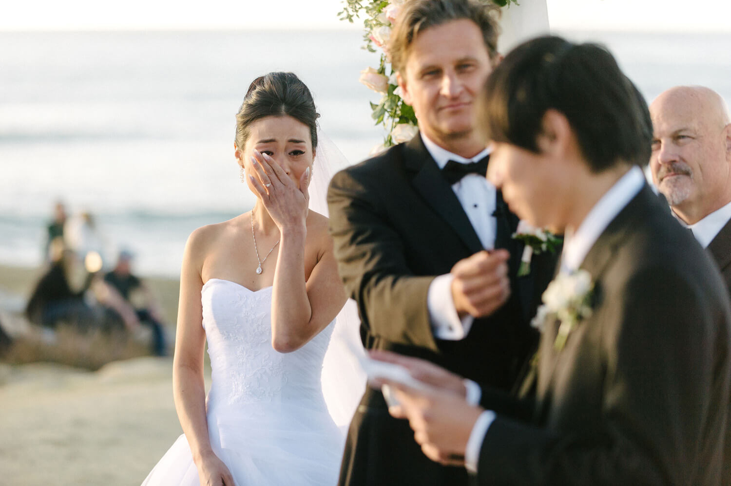 bride cries brother speech intimate beach ceremony