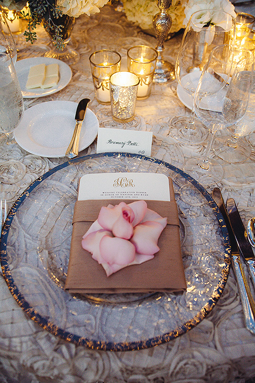 textured linens white gold place setting rose on napkin with dinner menu bacara santa barbara wedding