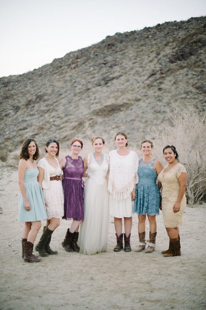 bride and bridesmaids wearing desert themed dresses for wedding in anza borrego state park