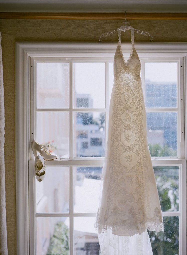 vintage wedding gown shoes window la valencia hotel