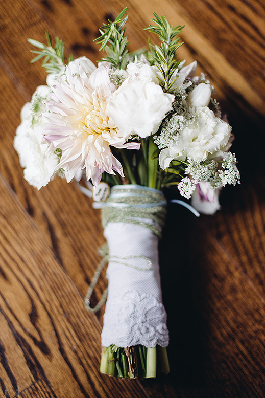 bouquet wrapped in white lace