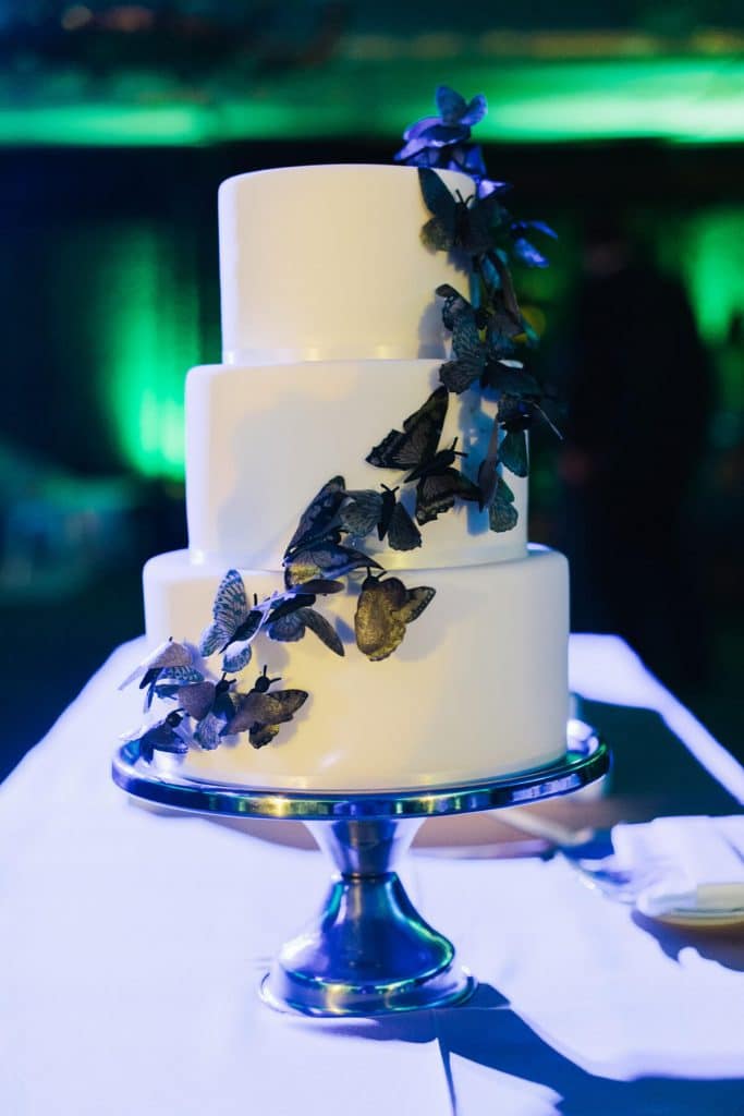 three tier wedding cake with butterflies on outside